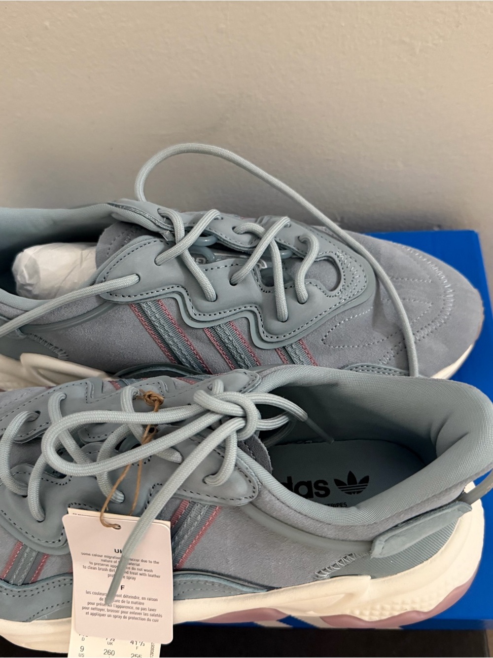 adidas Light Blue Suede Sneakers with Pink Stripe Accents